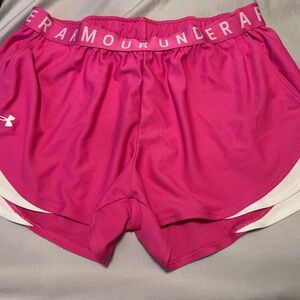 Large Under Armour Bright Pink Women's Athletic Shorts with White Trim